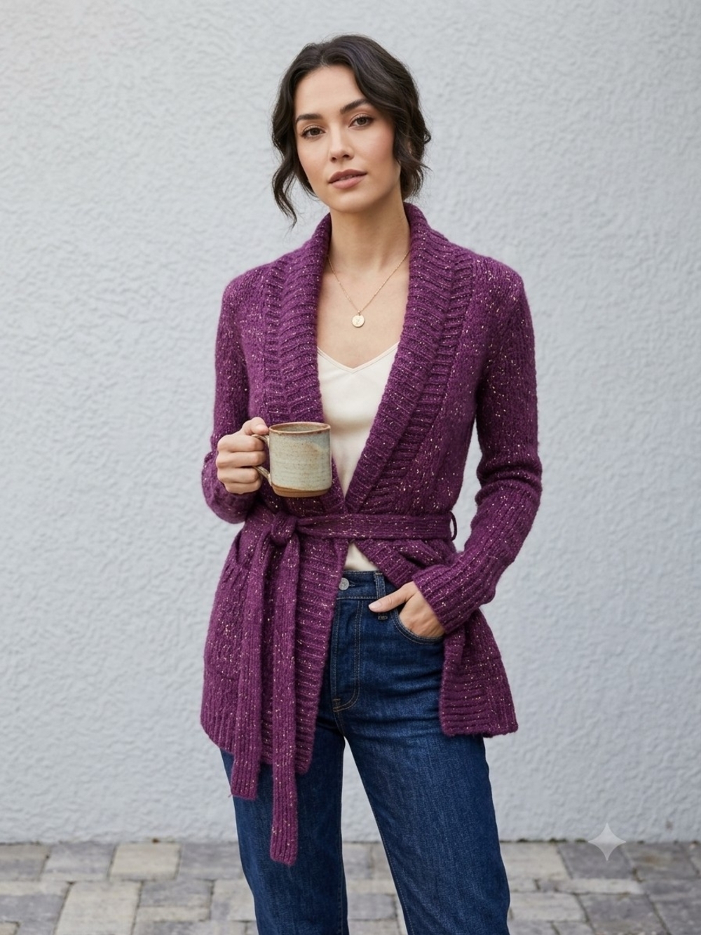 Bershka Purple Gold Metallic Knit Belted Wrap Cardigan Sweater M